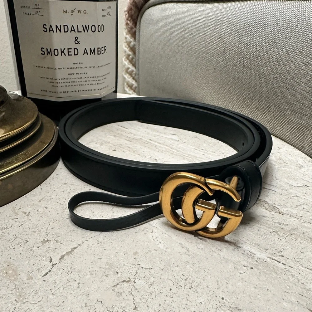 Black Leather Women's Belt with Gold Interlocking Buckle